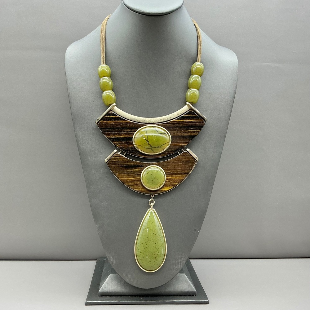 Chico's Necklace Green Brown Bib Statement Faux Suede Gold Tone Teardrop Boho